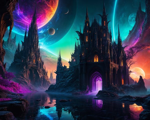 Fantasy Landscape with Gothic Castles and Galaxies