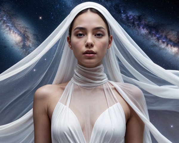 Serene Figure in White Gown Against Cosmic Backdrop