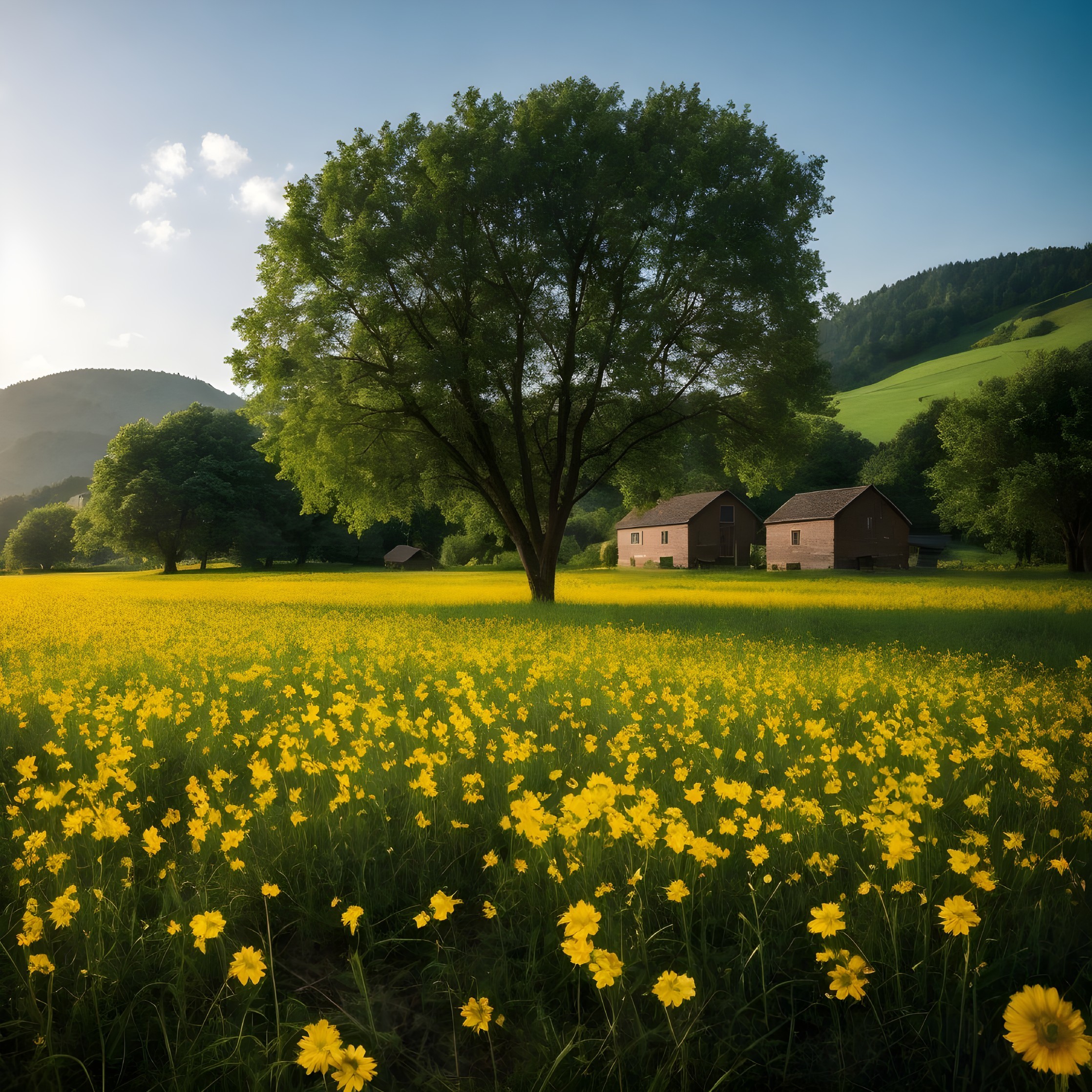 Vibrant Wildflowers and Rustic Houses in Serene Landscape