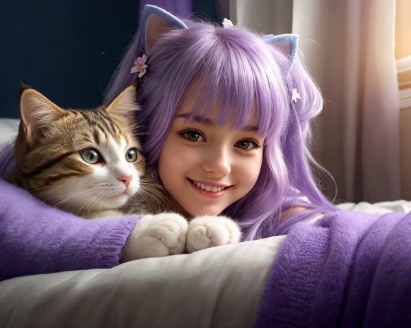 Girl with Purple Hair and Cat Ears Hugging Tabby Cat