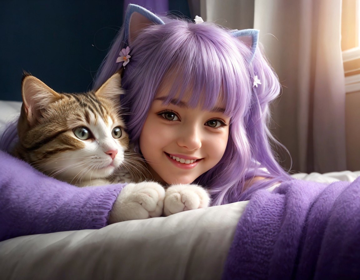 Girl with Purple Hair and Cat Ears Hugging Tabby Cat