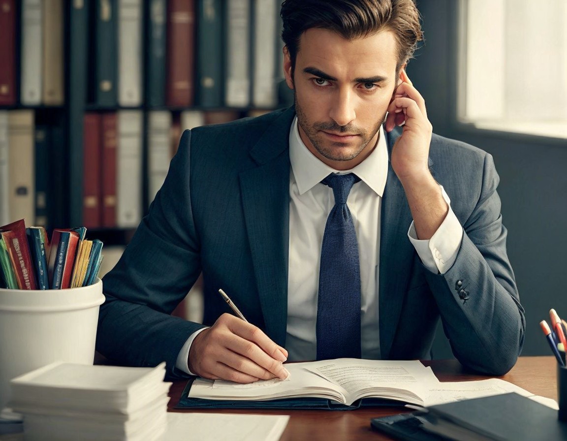 Man in Suit Writing at Library Desk with Coffee