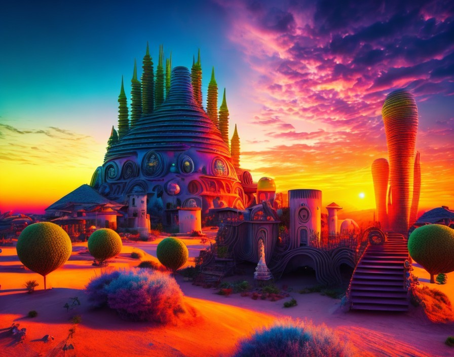 Surreal Sunset Landscape with Fantastical Architecture