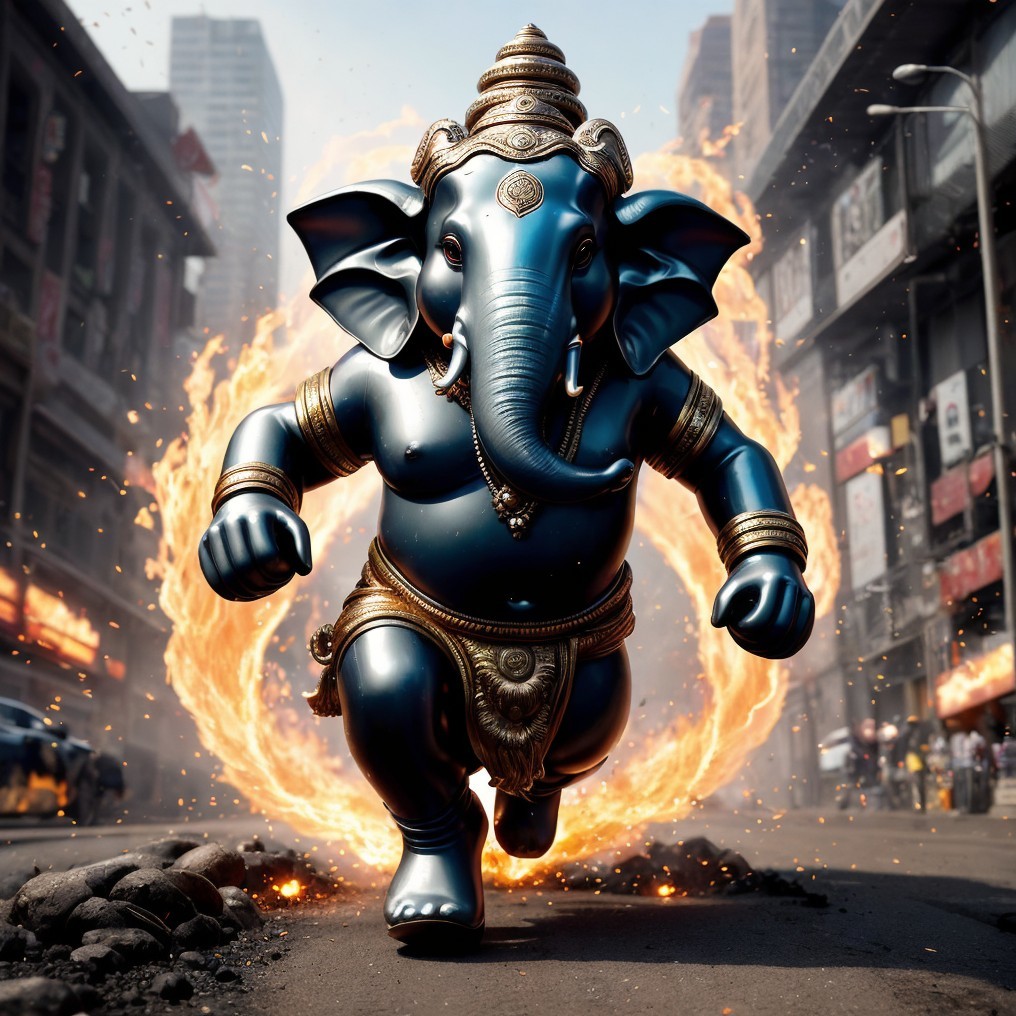Anthropomorphic Elephant Running Through City with Fire