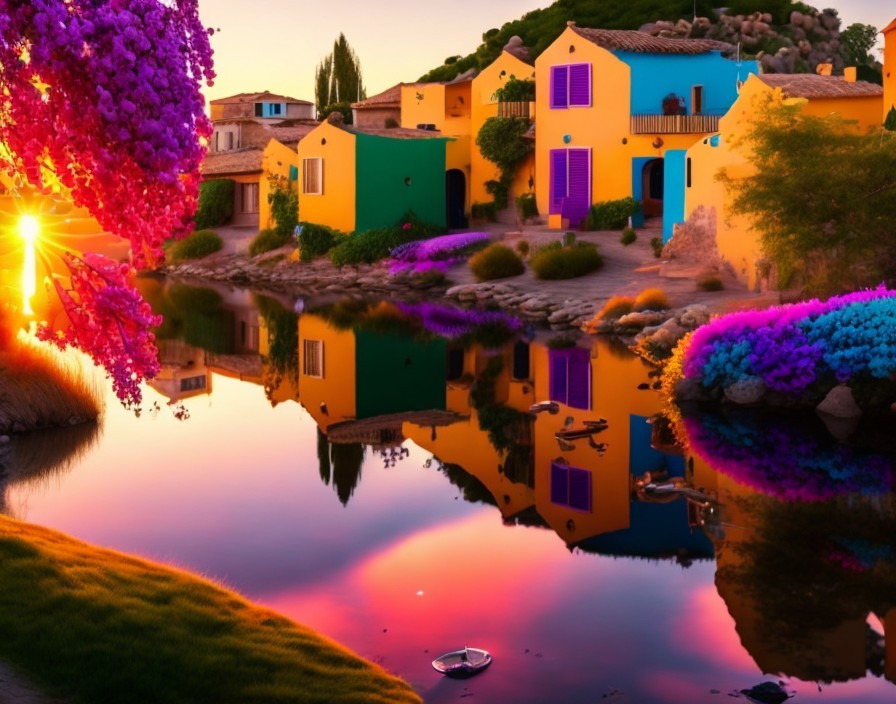 Serene Sunset with Vibrant Trees and Colorful Houses