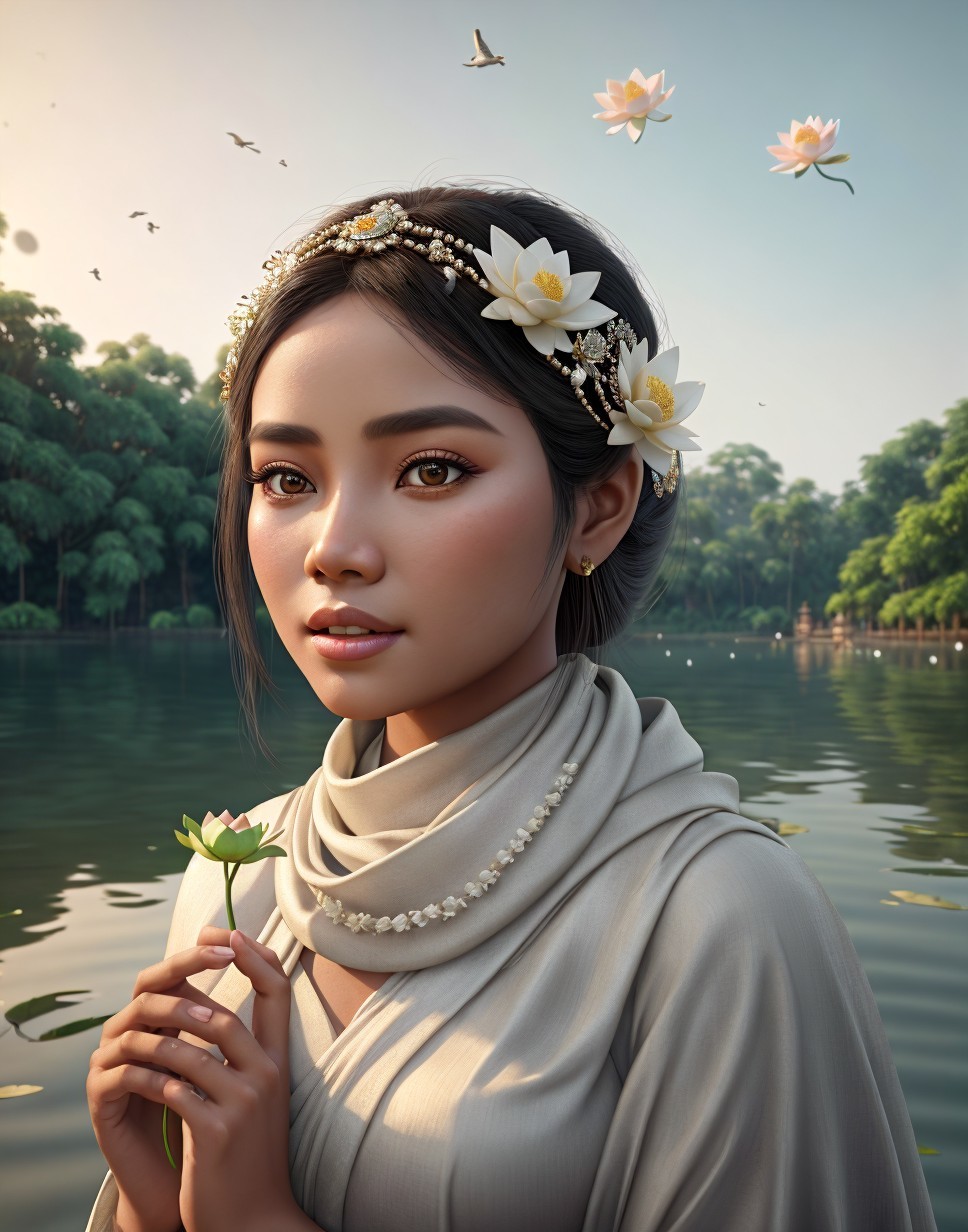Portrait of a woman with floral headpiece and water backdrop