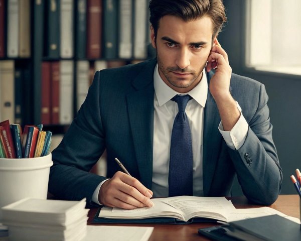 Man in Suit Writing at Library Desk with Coffee