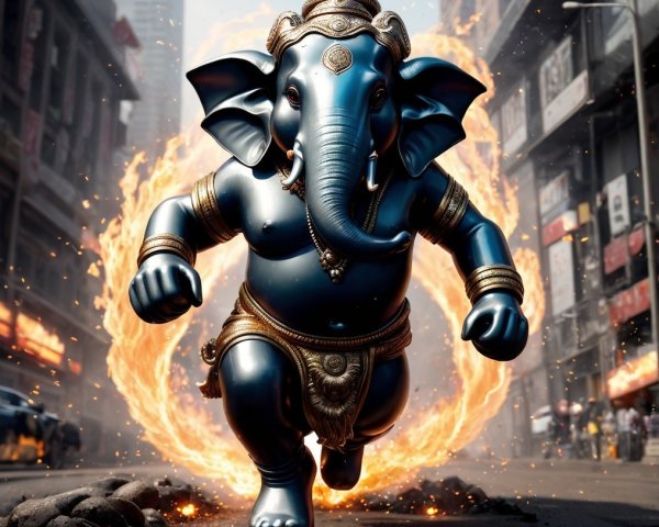 Anthropomorphic Elephant Running Through City with Fire