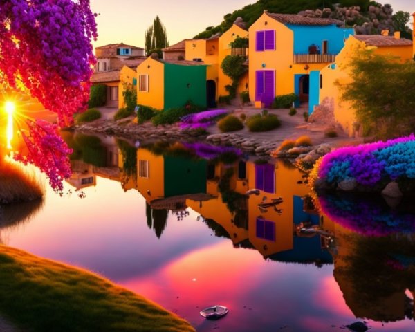 Serene Sunset with Vibrant Trees and Colorful Houses