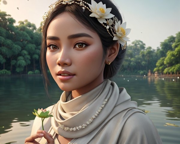 Portrait of a woman with floral headpiece and water backdrop