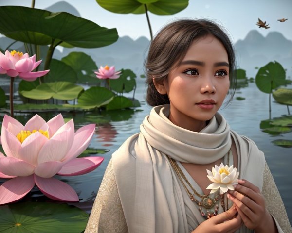 Portrait of a woman with a lotus flower at dusk