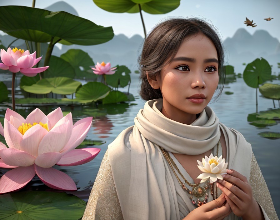 Portrait of a woman with a lotus flower at dusk