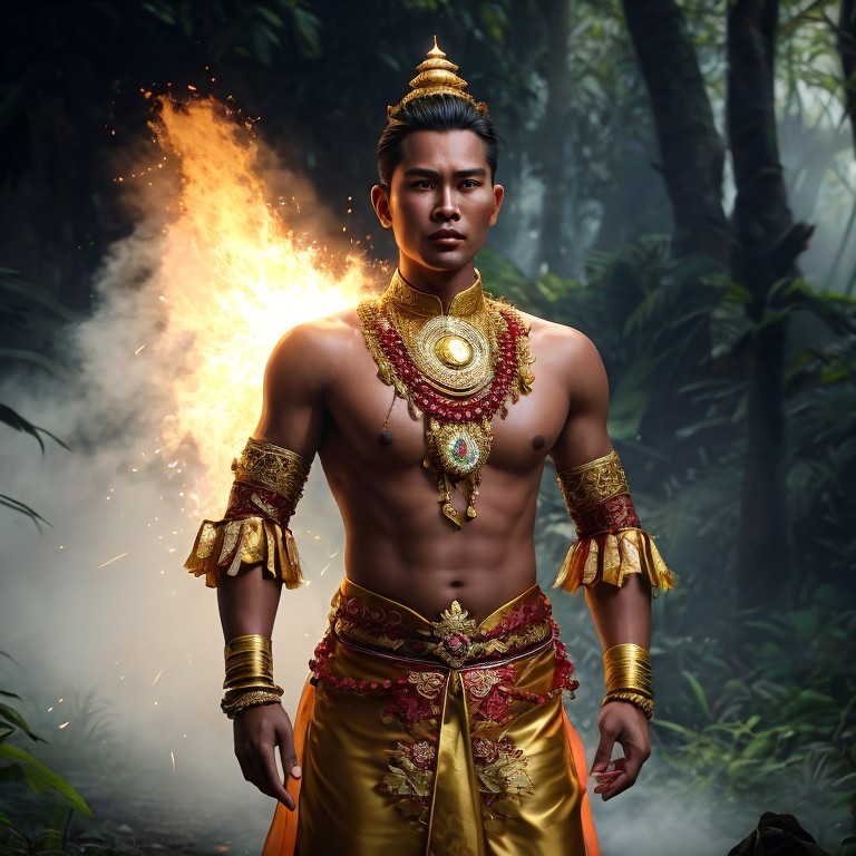 Shirtless man in golden attire with flame in forest