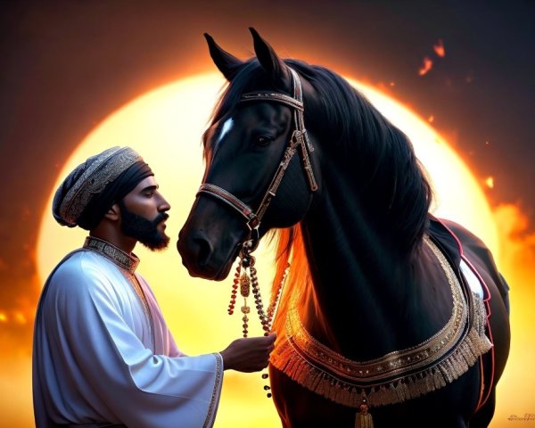 Man in Traditional Attire with Horse at Sunset