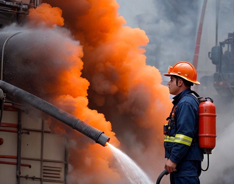 Firefighter Extinguishing Blaze with Water Stream