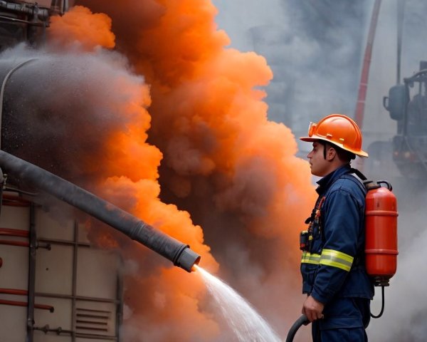 Firefighter Extinguishing Blaze with Water Stream