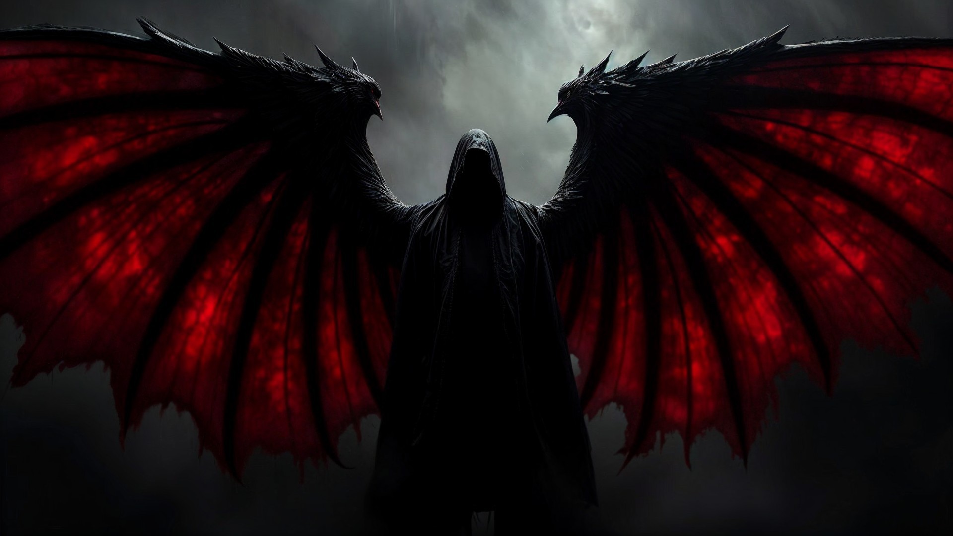 Dark Hooded Figure with Dragon-like Wings in Moonlight