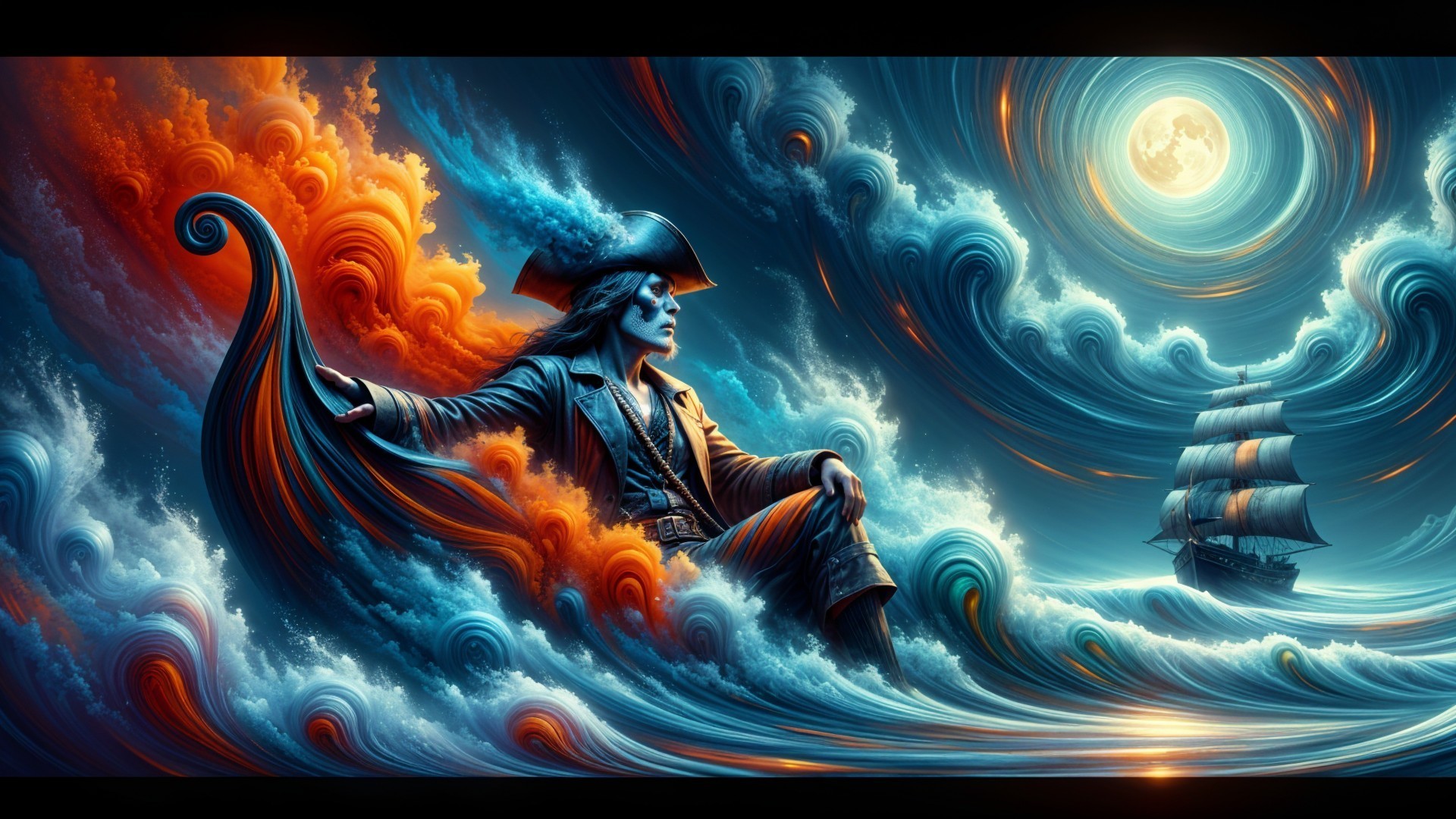 Pirate Figure Amidst Vibrant Ocean Waves and Ship