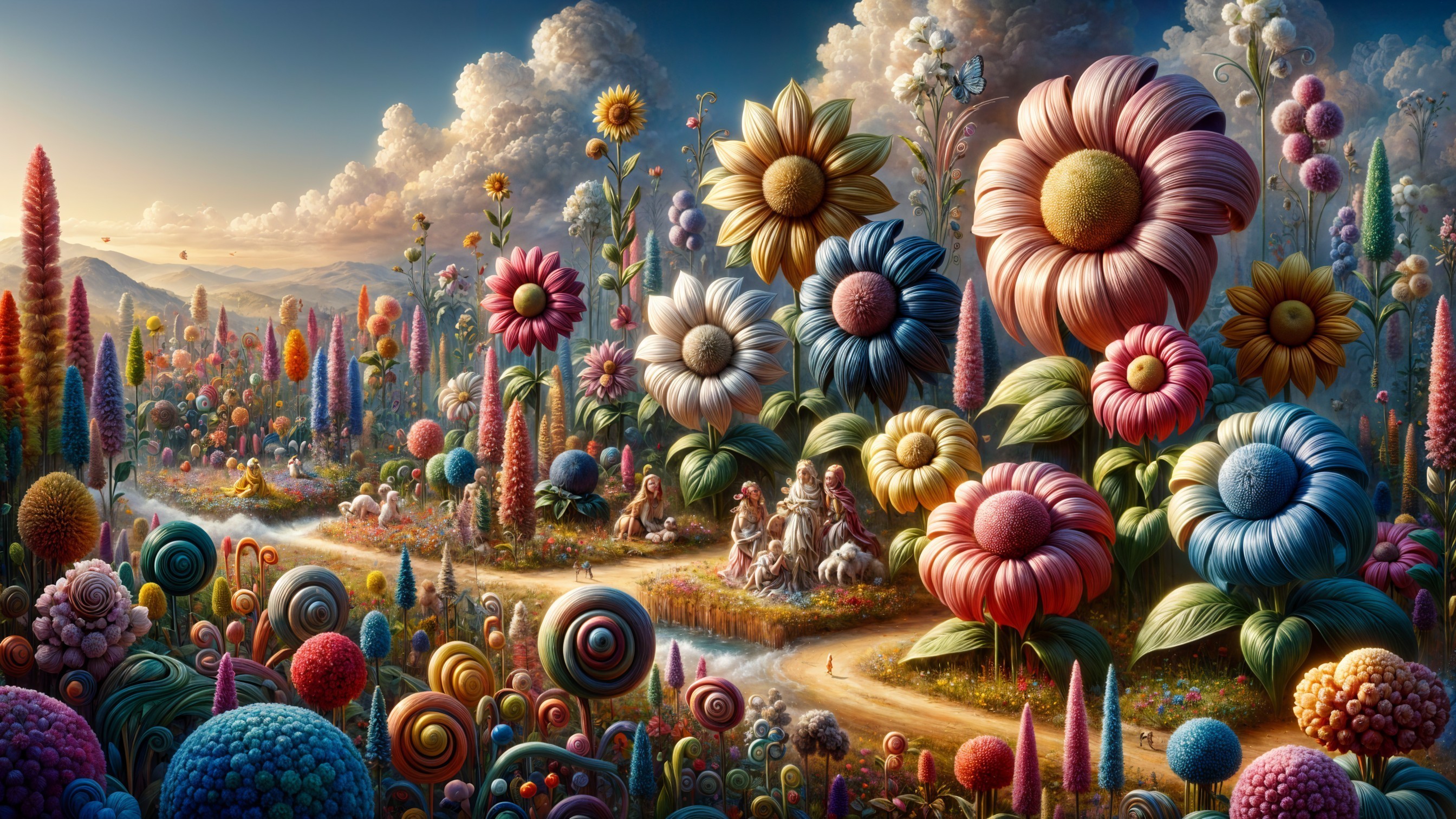 Whimsical Landscape with Oversized Colorful Flowers