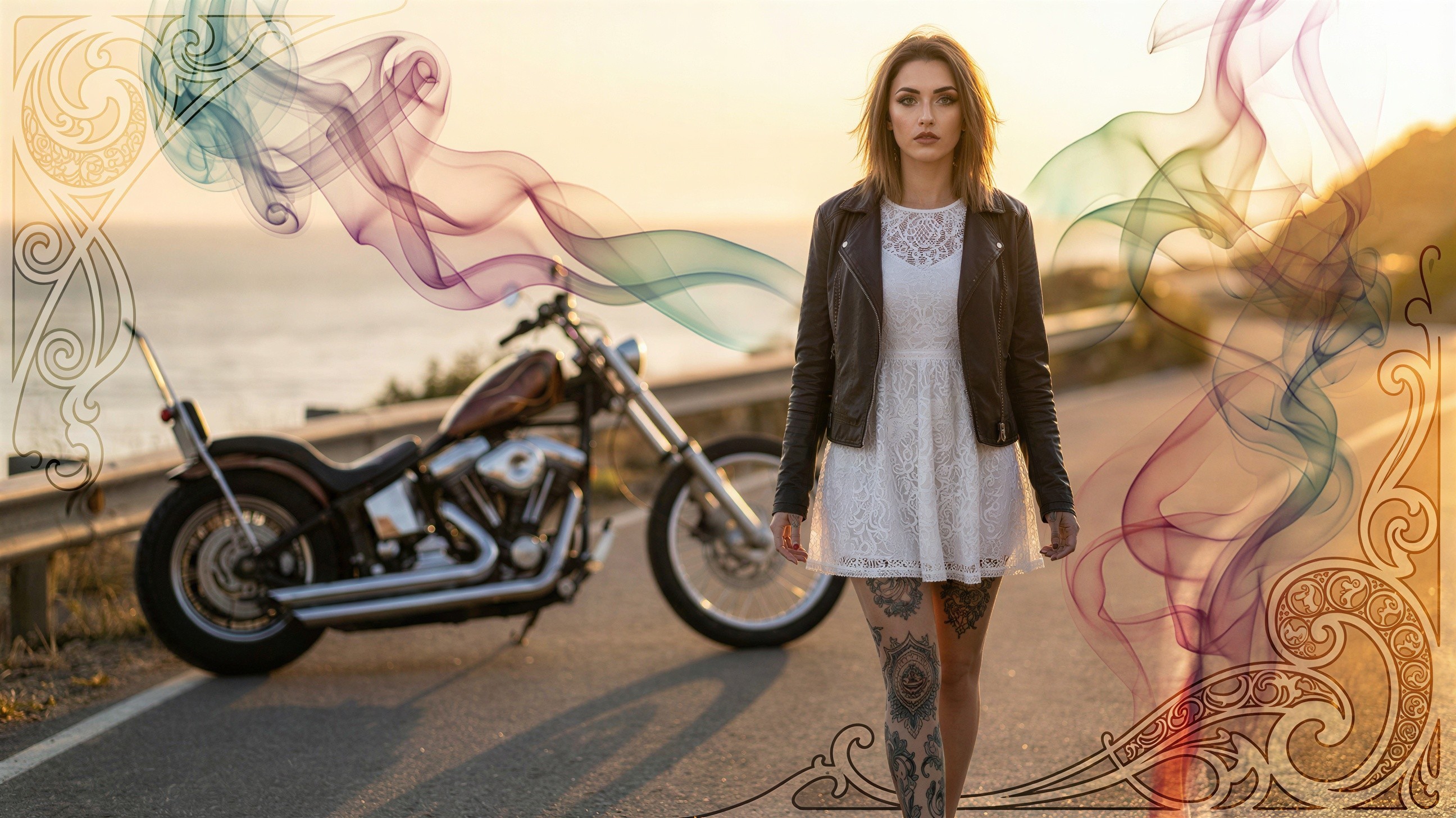 Young Woman in Leather Jacket by Motorcycle and Ocean