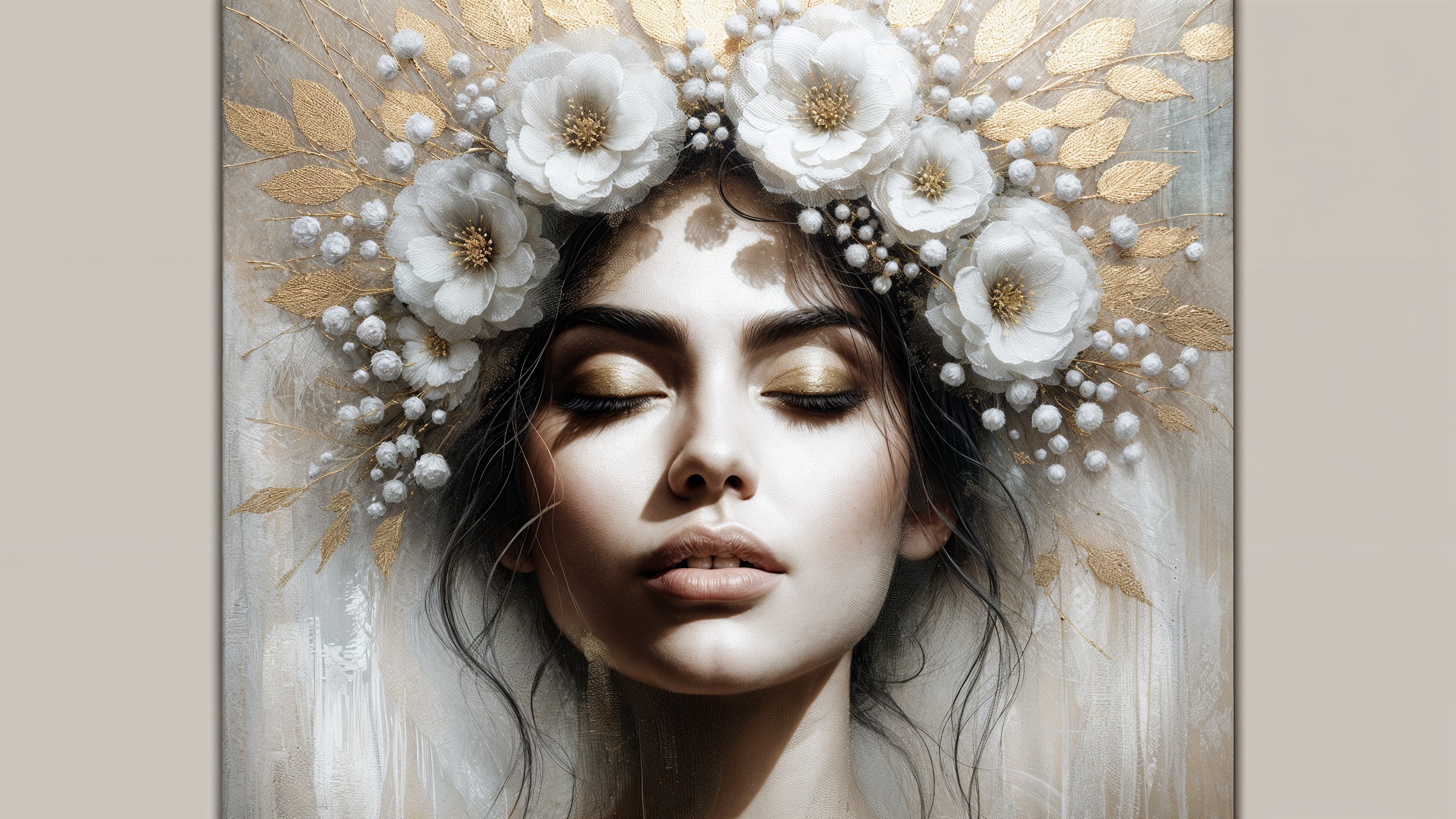Serene woman with floral headpiece and elegant makeup