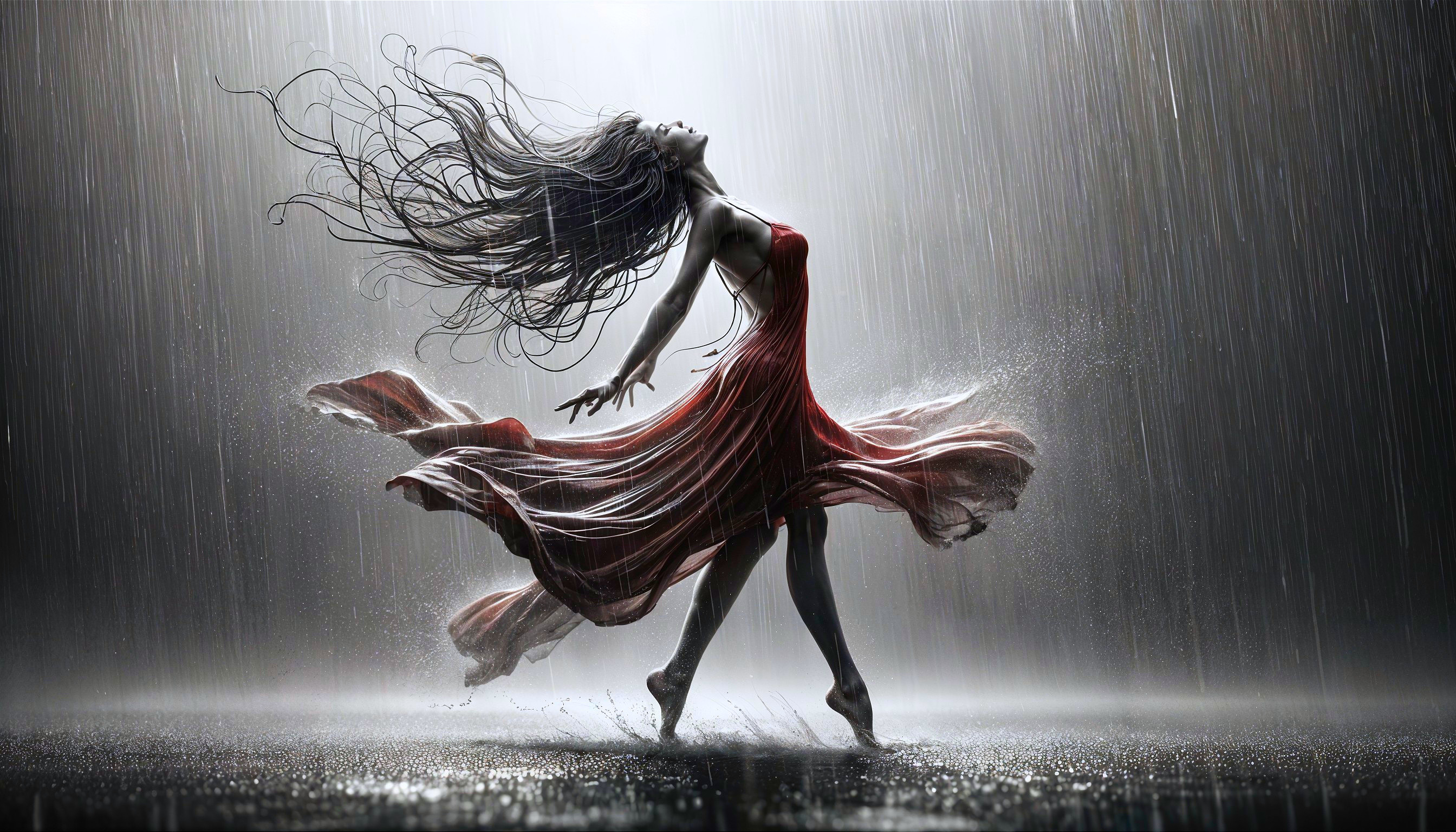 Dancer in Red Dress Moving Gracefully in Rain