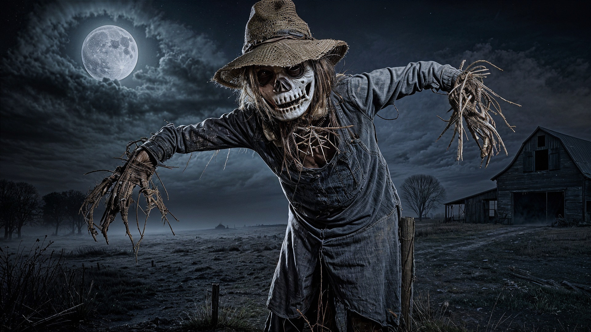 Moonlit Scarecrow in Eerie Rural Landscape