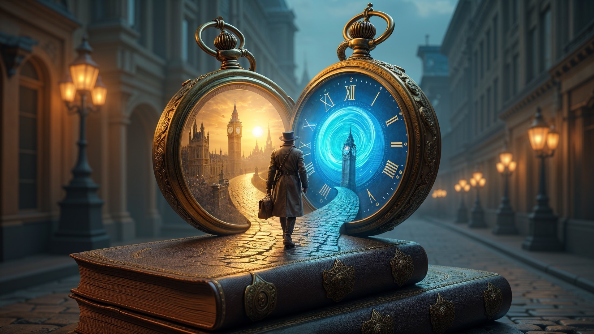 Mysterious Figure and Ornate Pocket Watches Scene