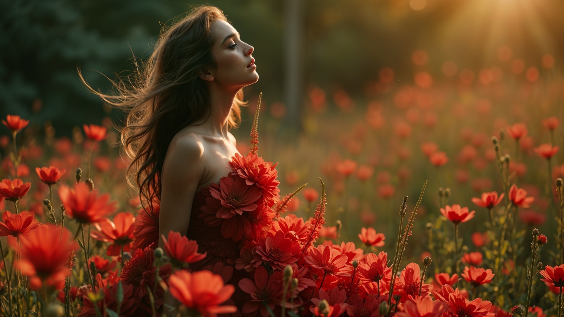 Woman in Floral Dress Surrounded by Red Flowers