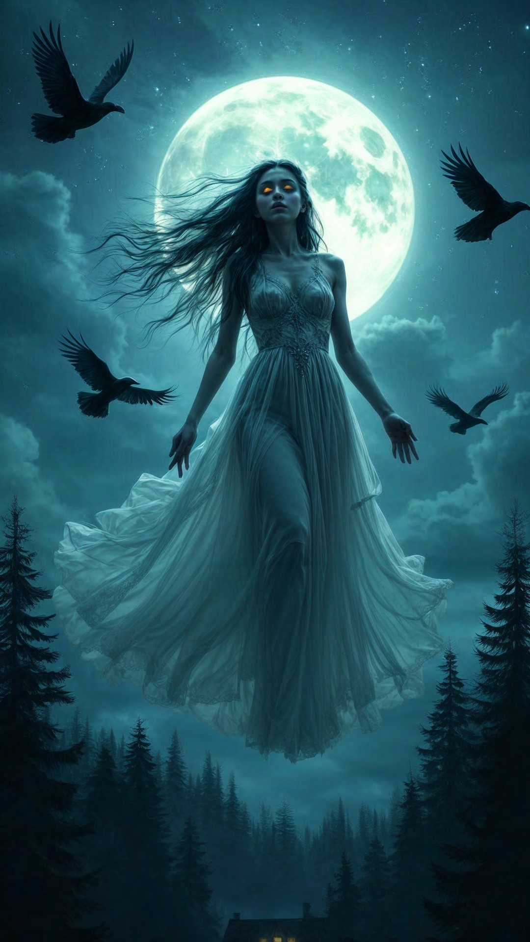 Mystical figure in gown with crows and full moon backdrop