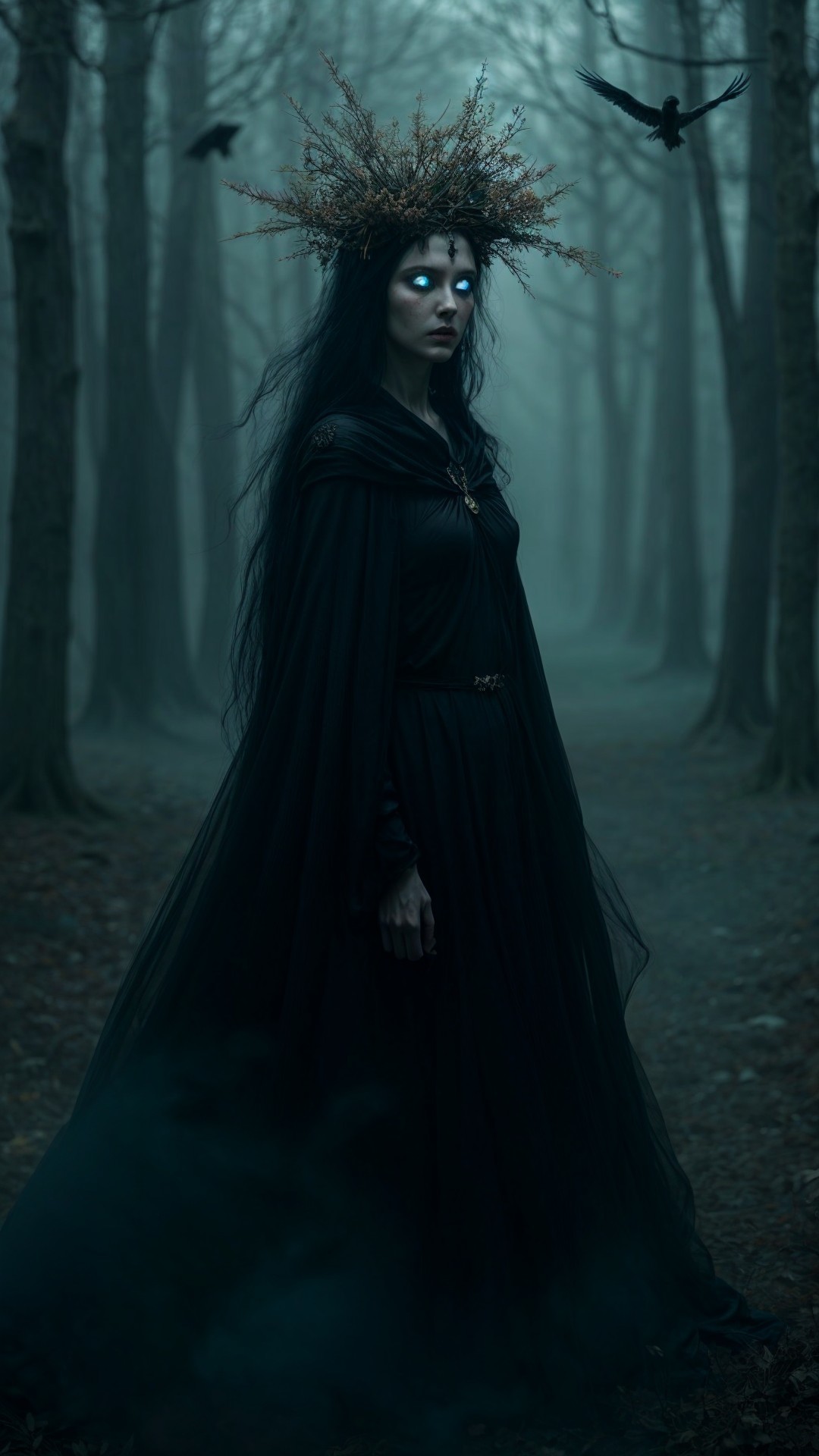 Mysterious Figure in Foggy Forest with Ravens
