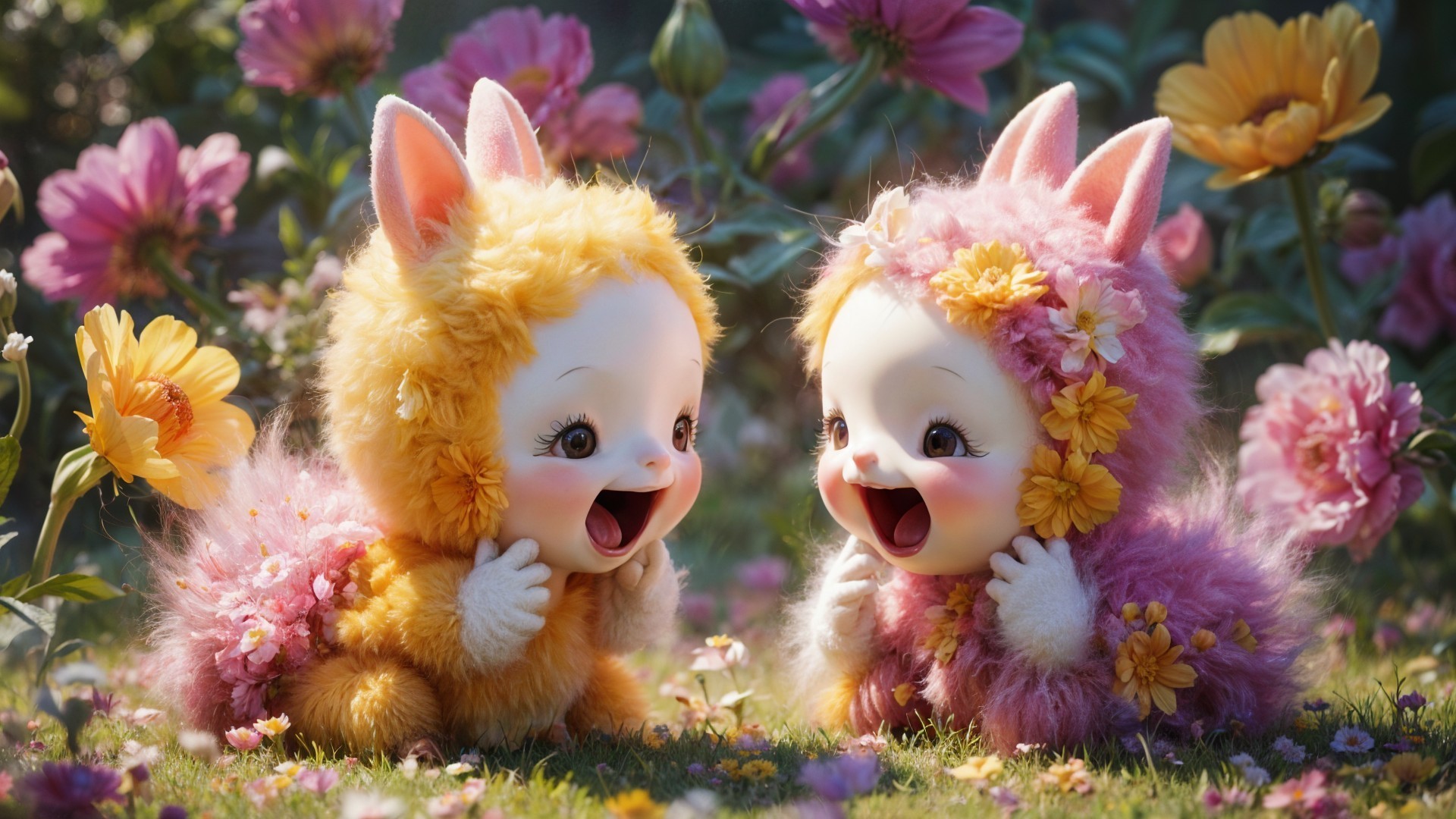 Whimsical Creatures in a Colorful Flower Garden