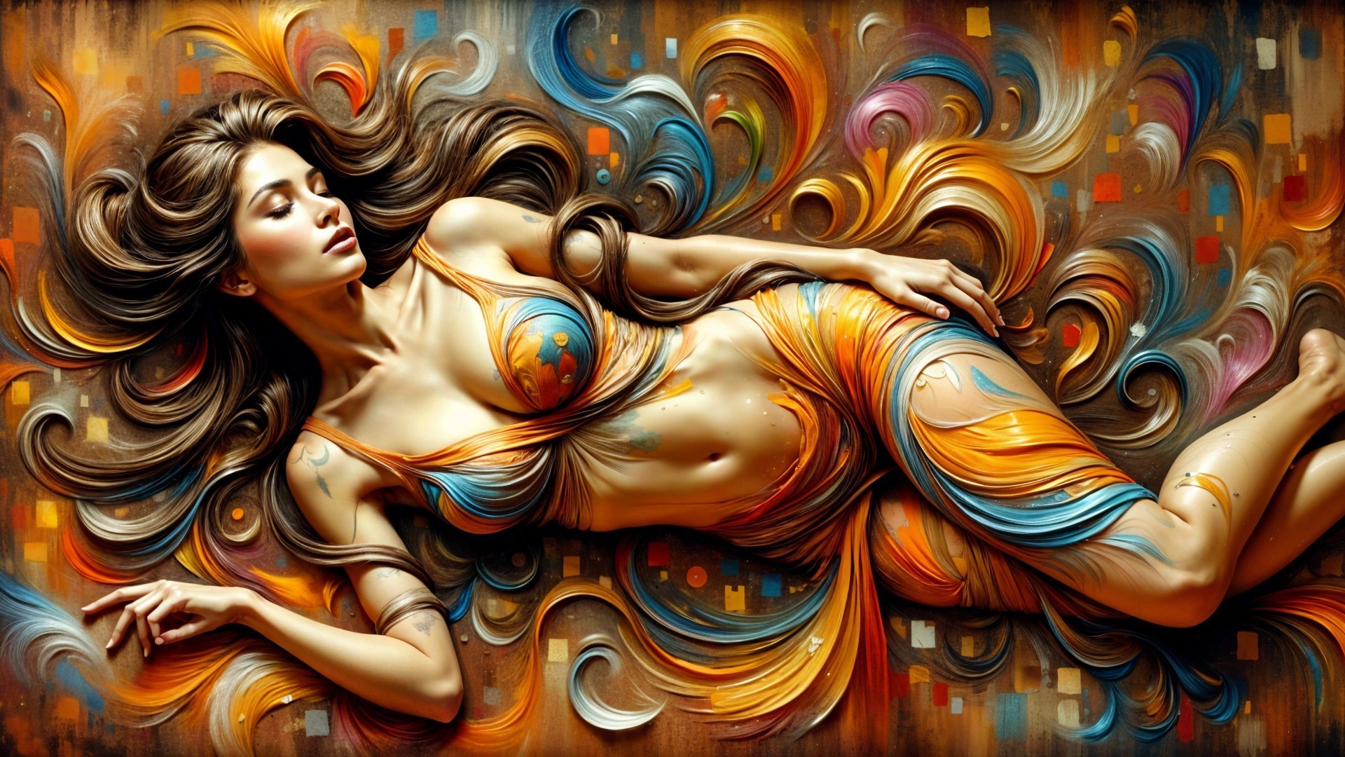 Stylized figure among vibrant swirls of color