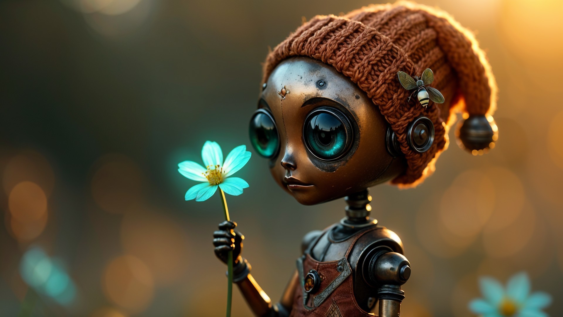 Whimsical Robot in Sunlit Meadow with Blue Flower
