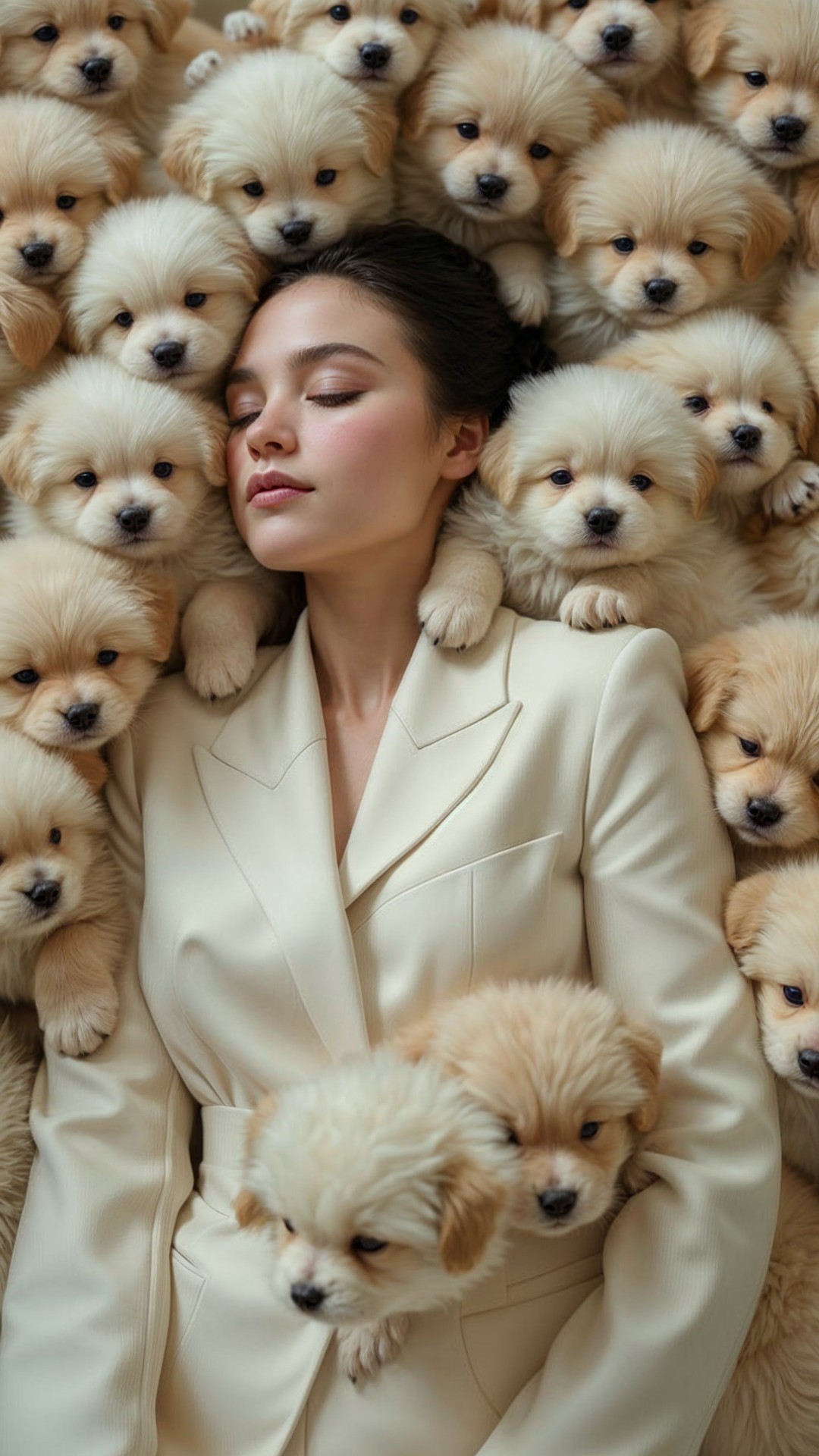 Serene Woman Surrounded by Fluffy Cream Puppies