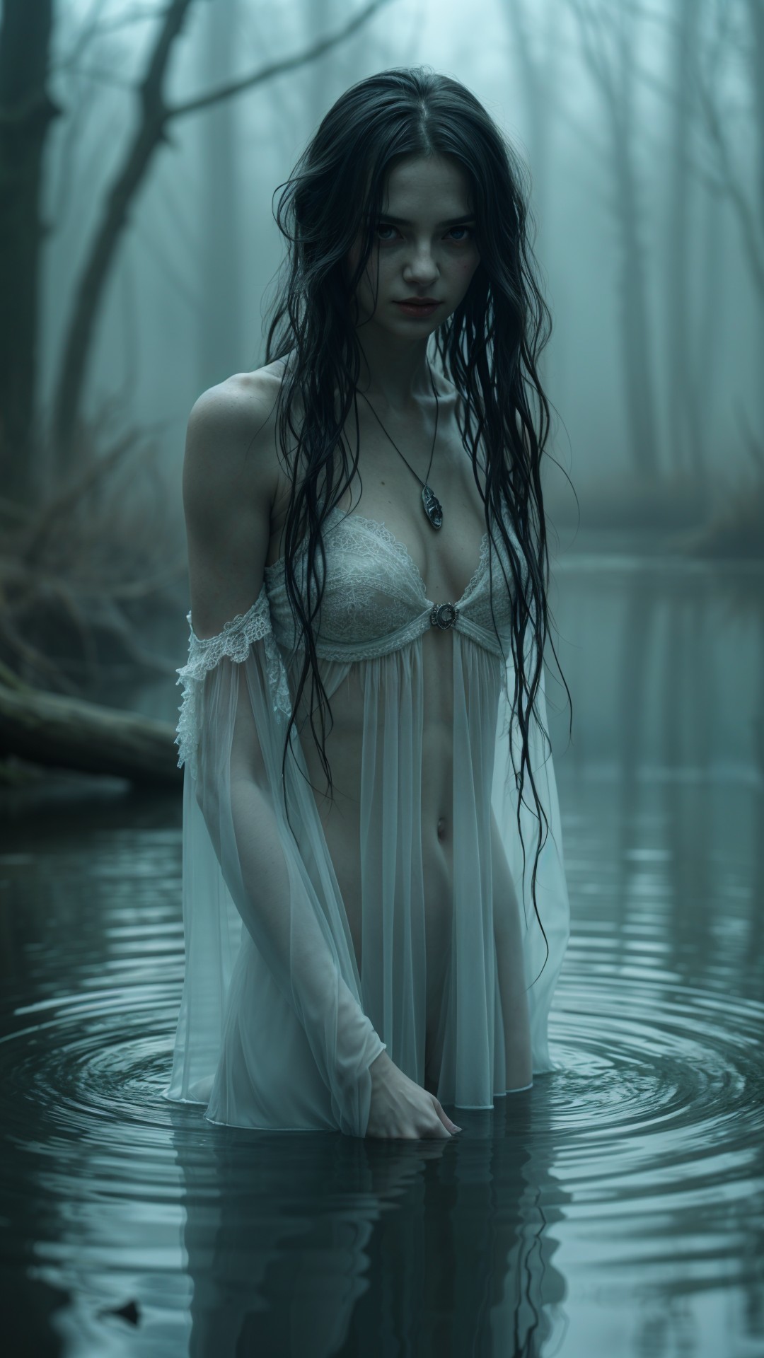 Mysterious Figure in Foggy Forest Pool Setting