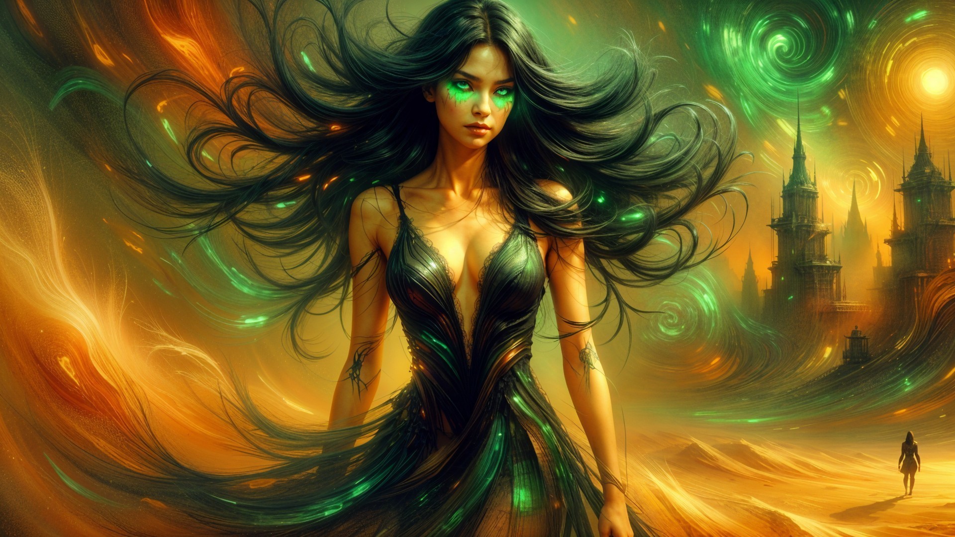 Ethereal Figure in Dark Gown with Vibrant Hues