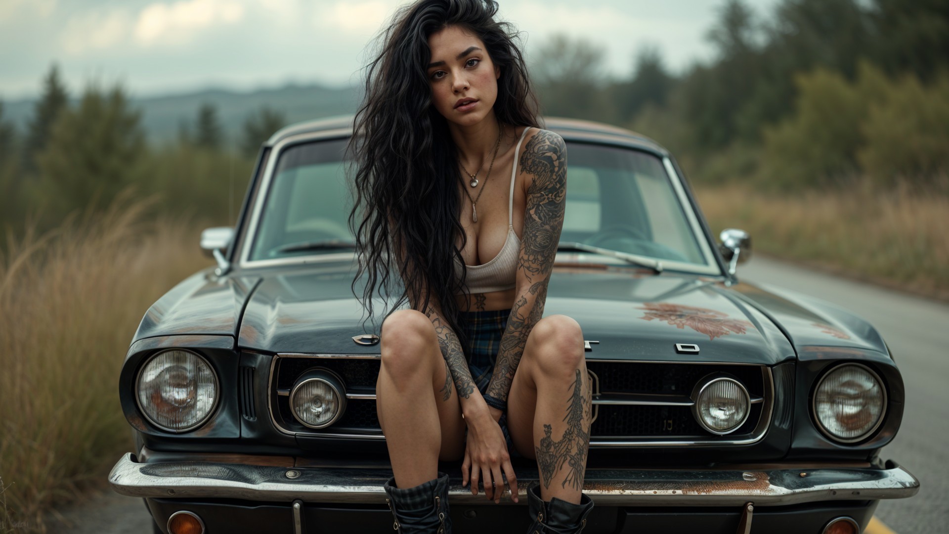 Young Woman on Vintage Mustang in Scenic Landscape