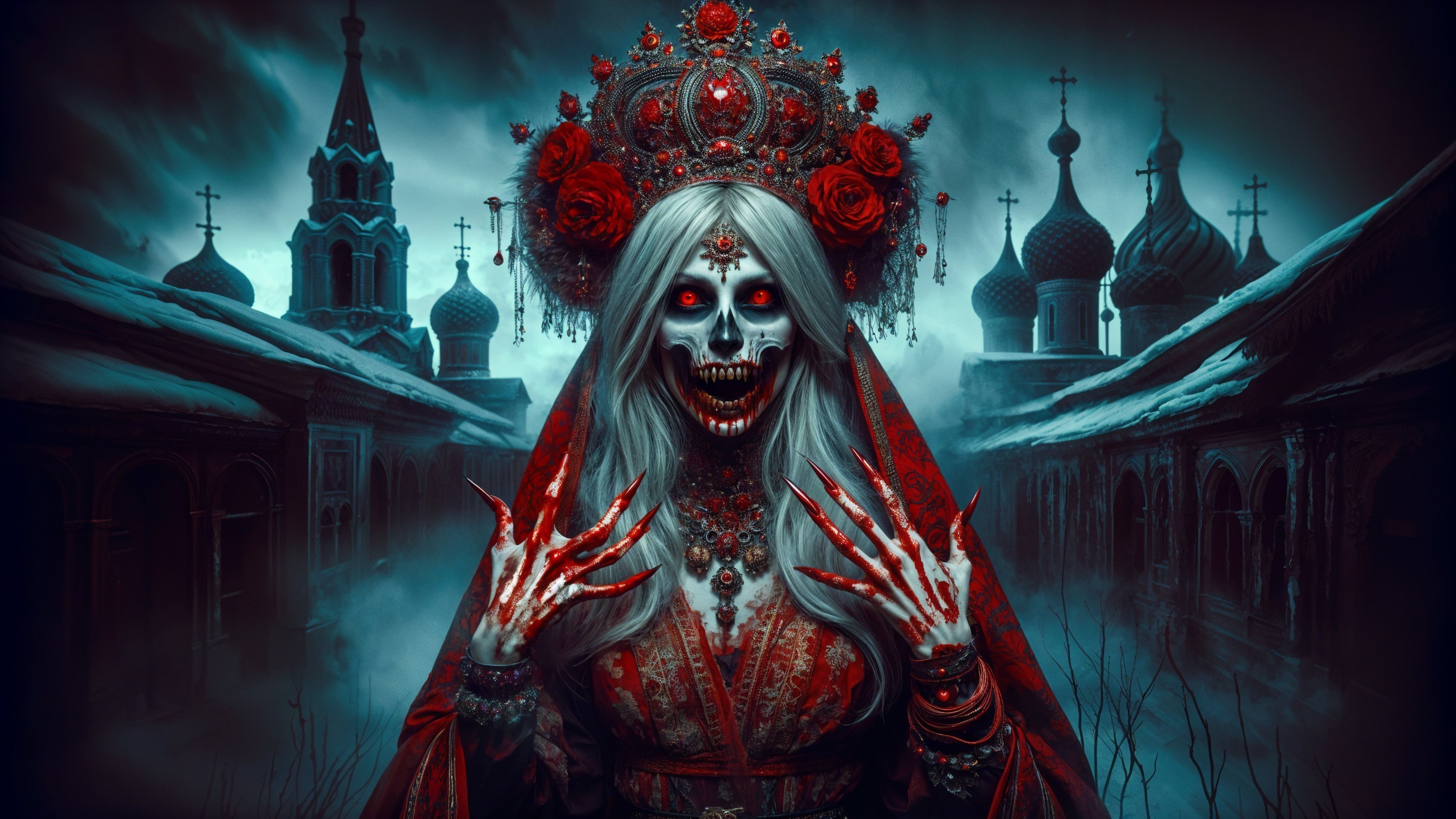 Eerie Figure in Red Gown Amidst Gothic Architecture