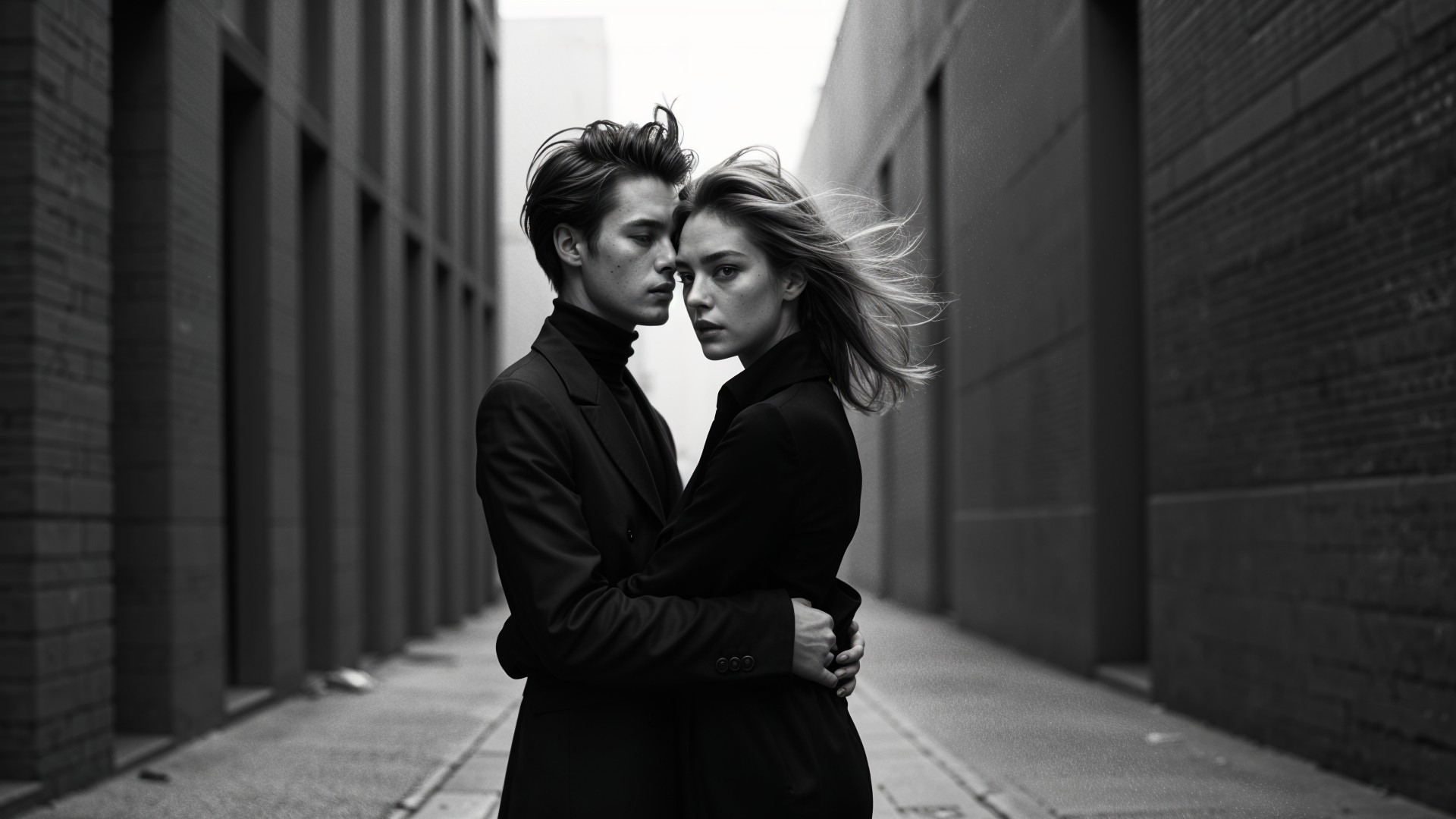 Black and White Portrait of a Couple in Alleyway