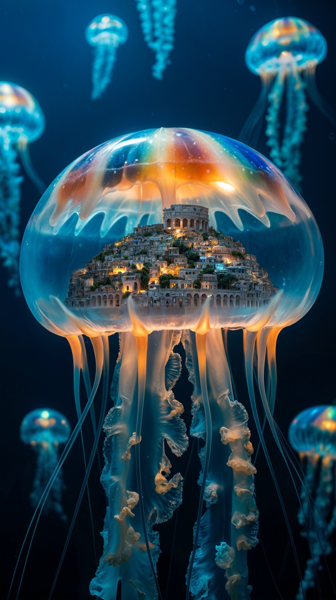 Surreal Underwater Scene with Jellyfish and Cityscape