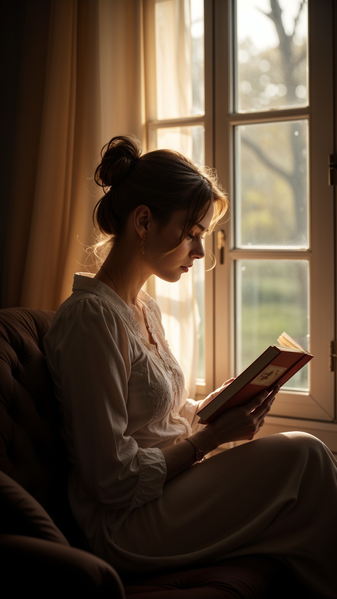 Woman Reading on Couch in Soft Morning Light