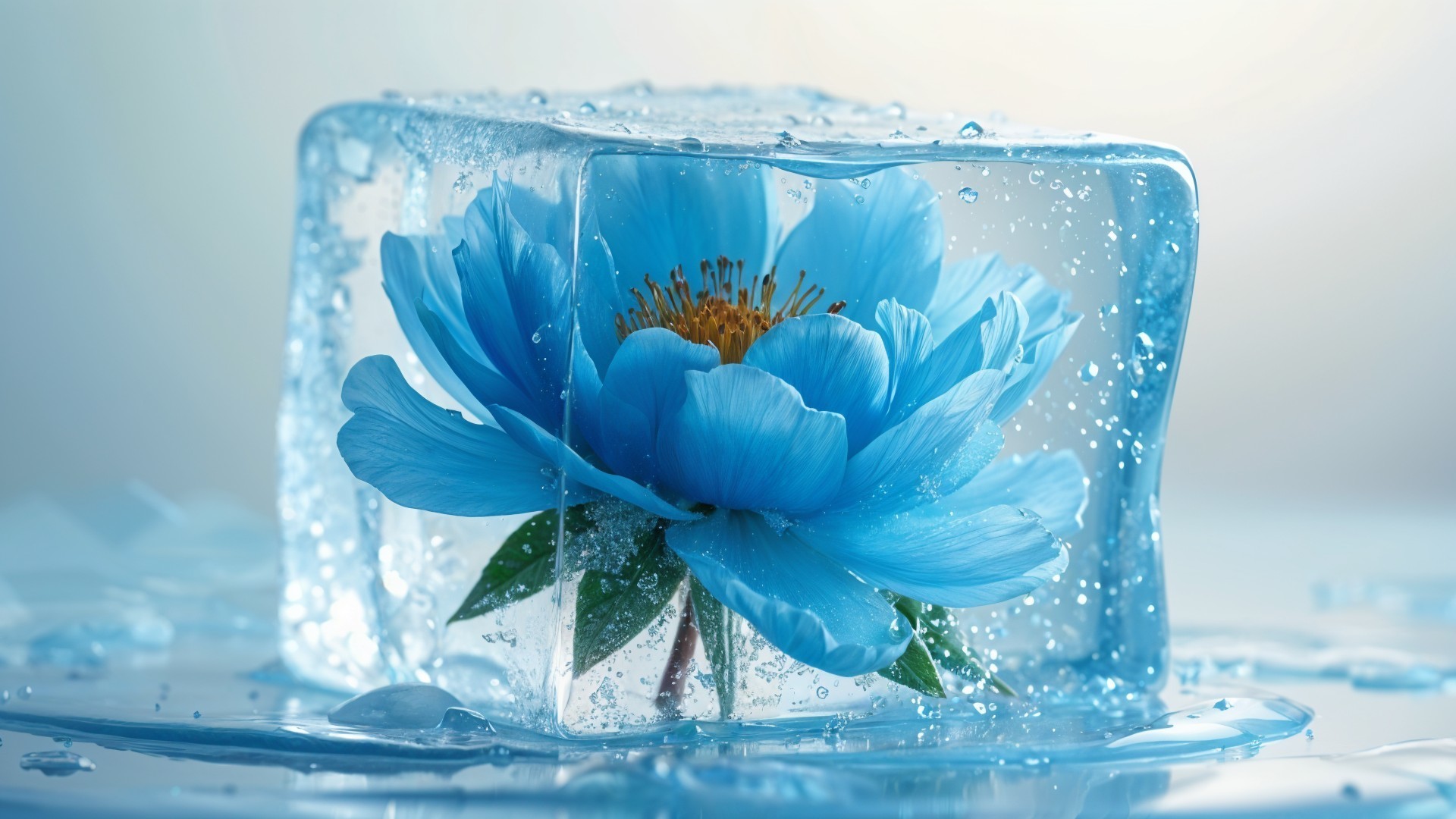 Blue Flower Encased in Transparent Ice Cube