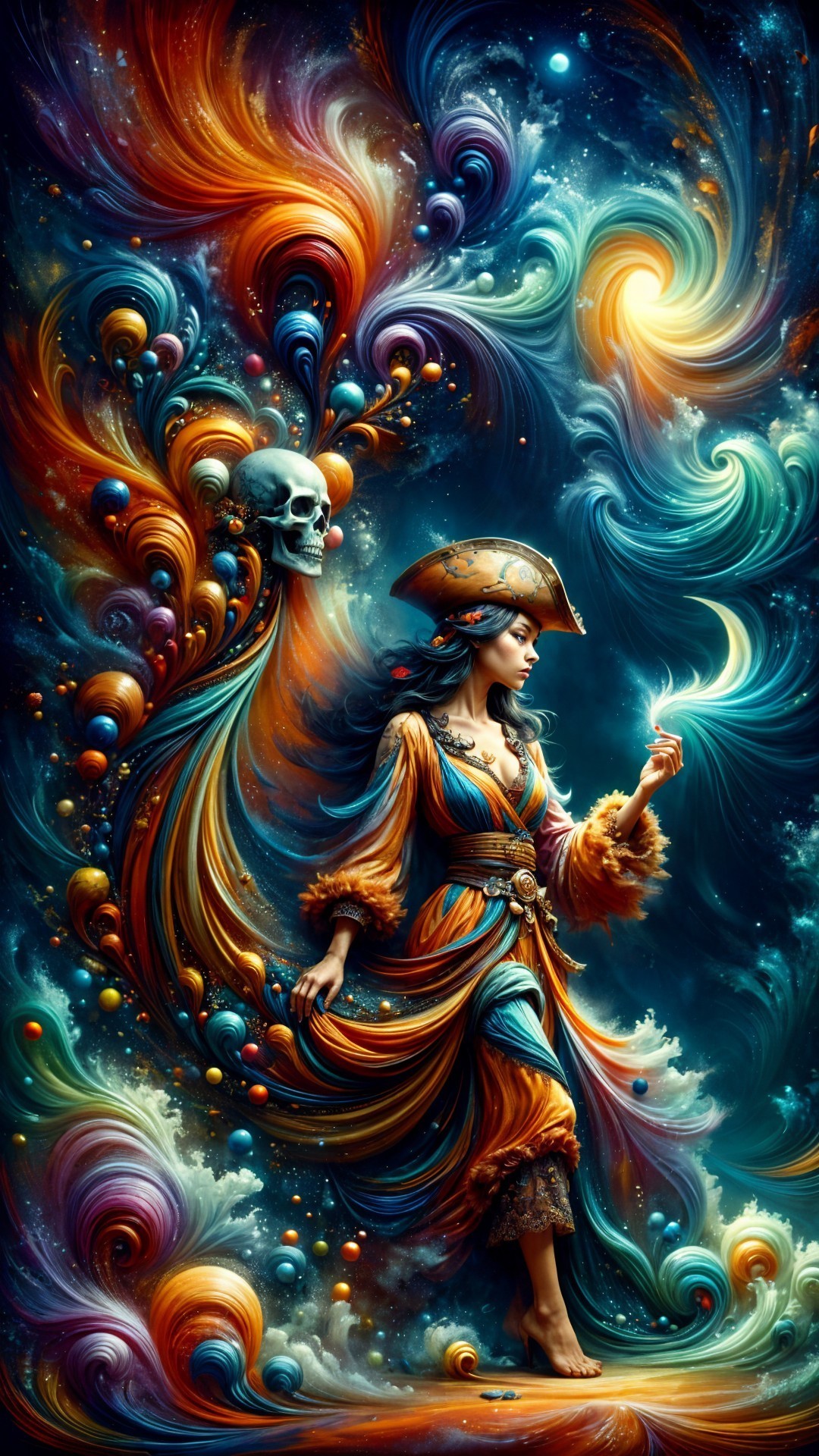 Mystical Pirate Woman in Cosmic Colorful Scene