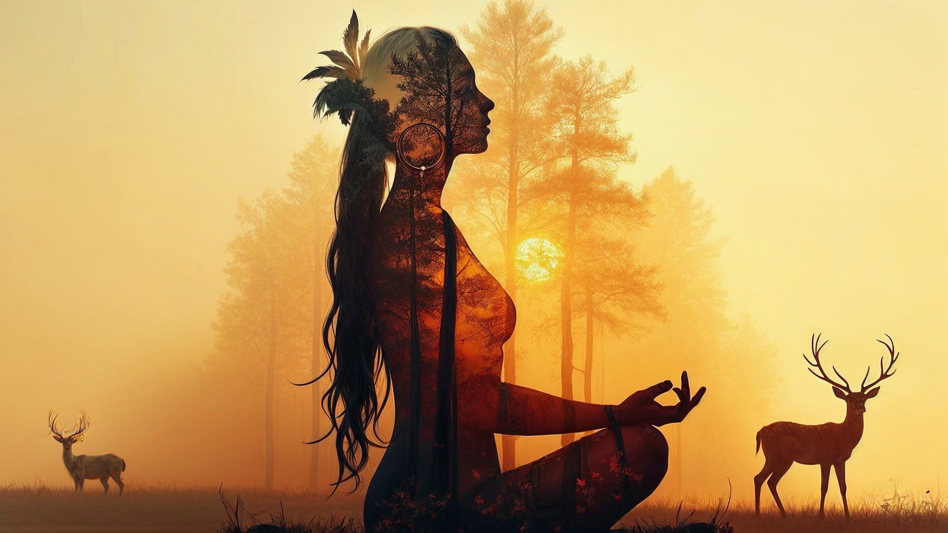 Silhouette of a Woman Meditating at Sunset with Deer