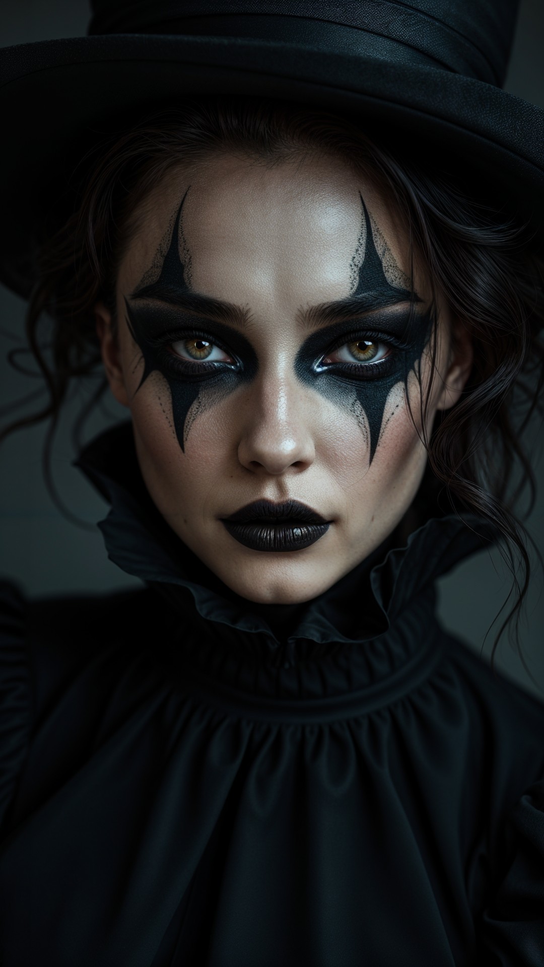 Portrait of a woman with dramatic black makeup and attire