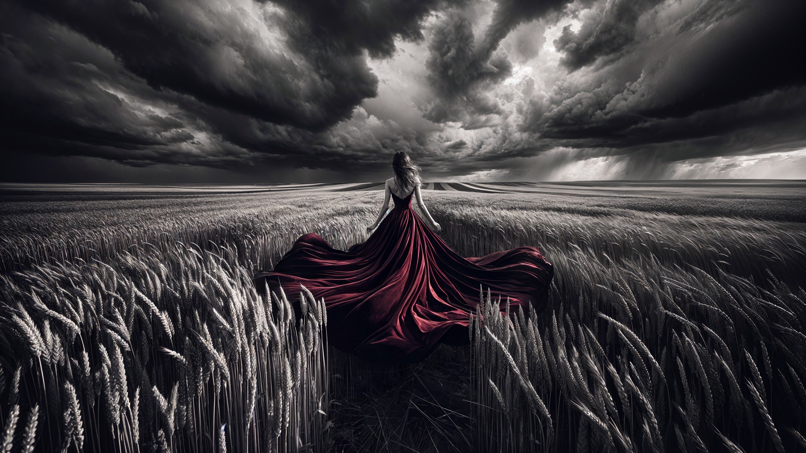 Figure in Red Gown in Wheat Field Under Stormy Sky
