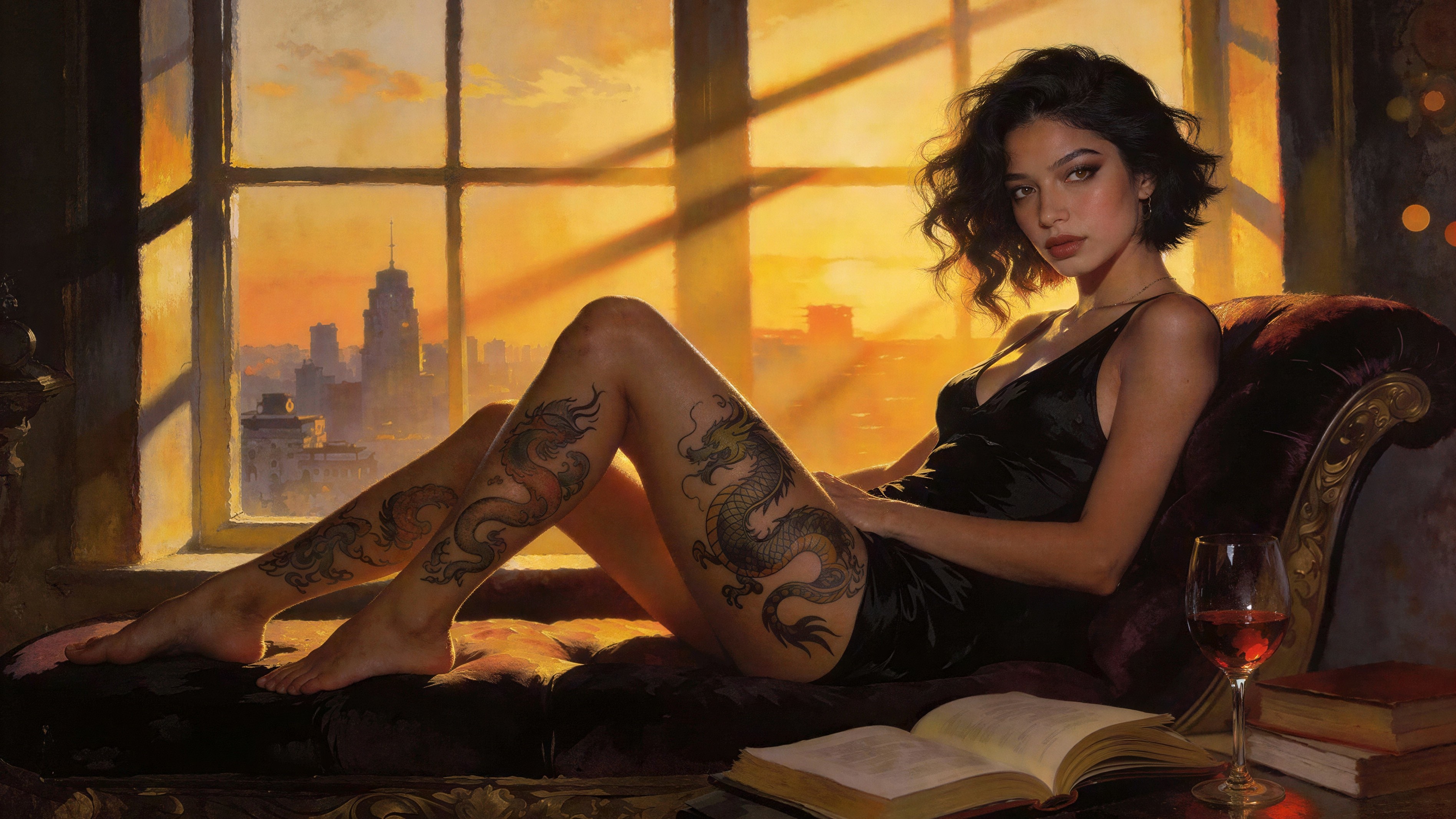 Painting of a Woman in Black Dress on Chaise Lounge