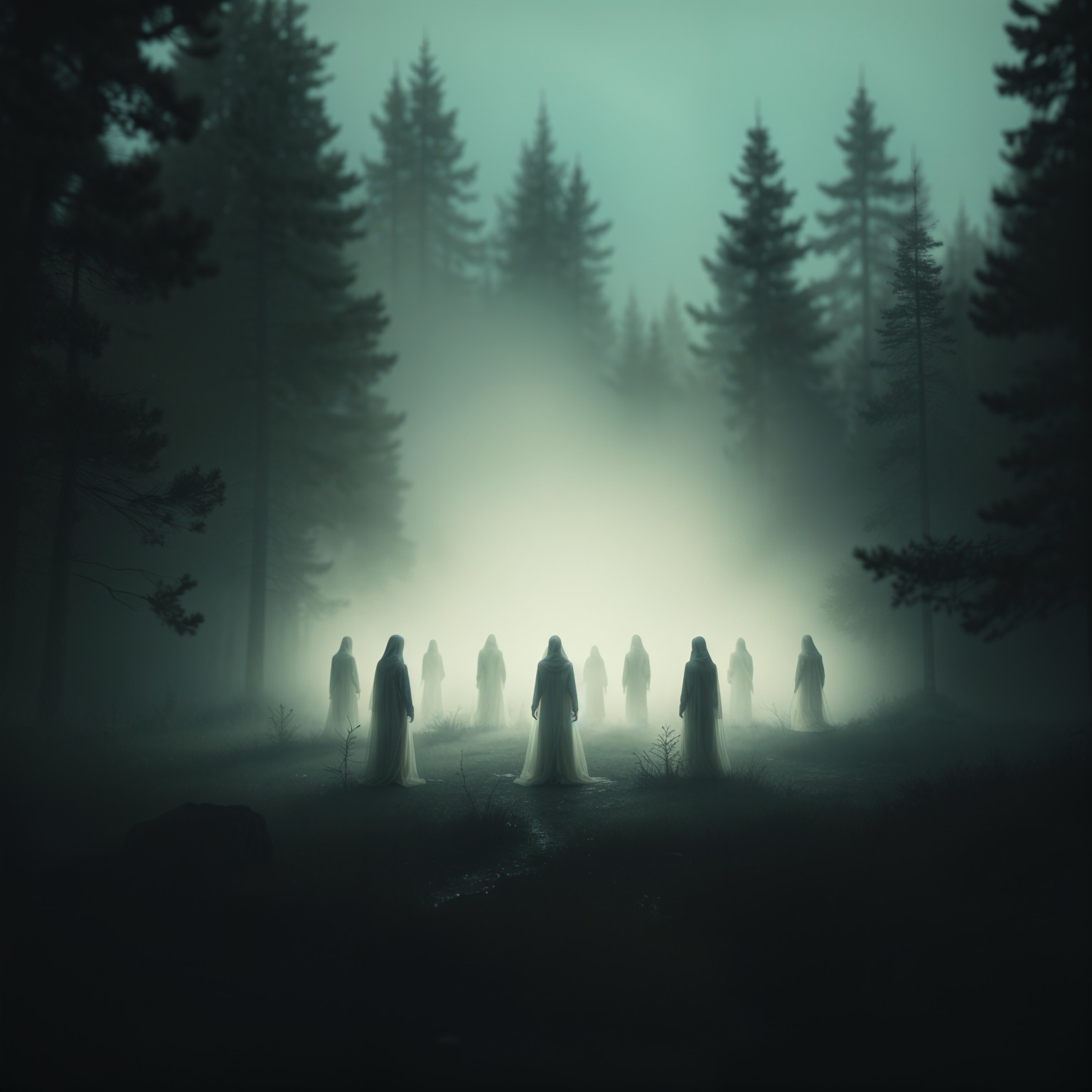 Cloaked Figures in a Misty Forest Circle