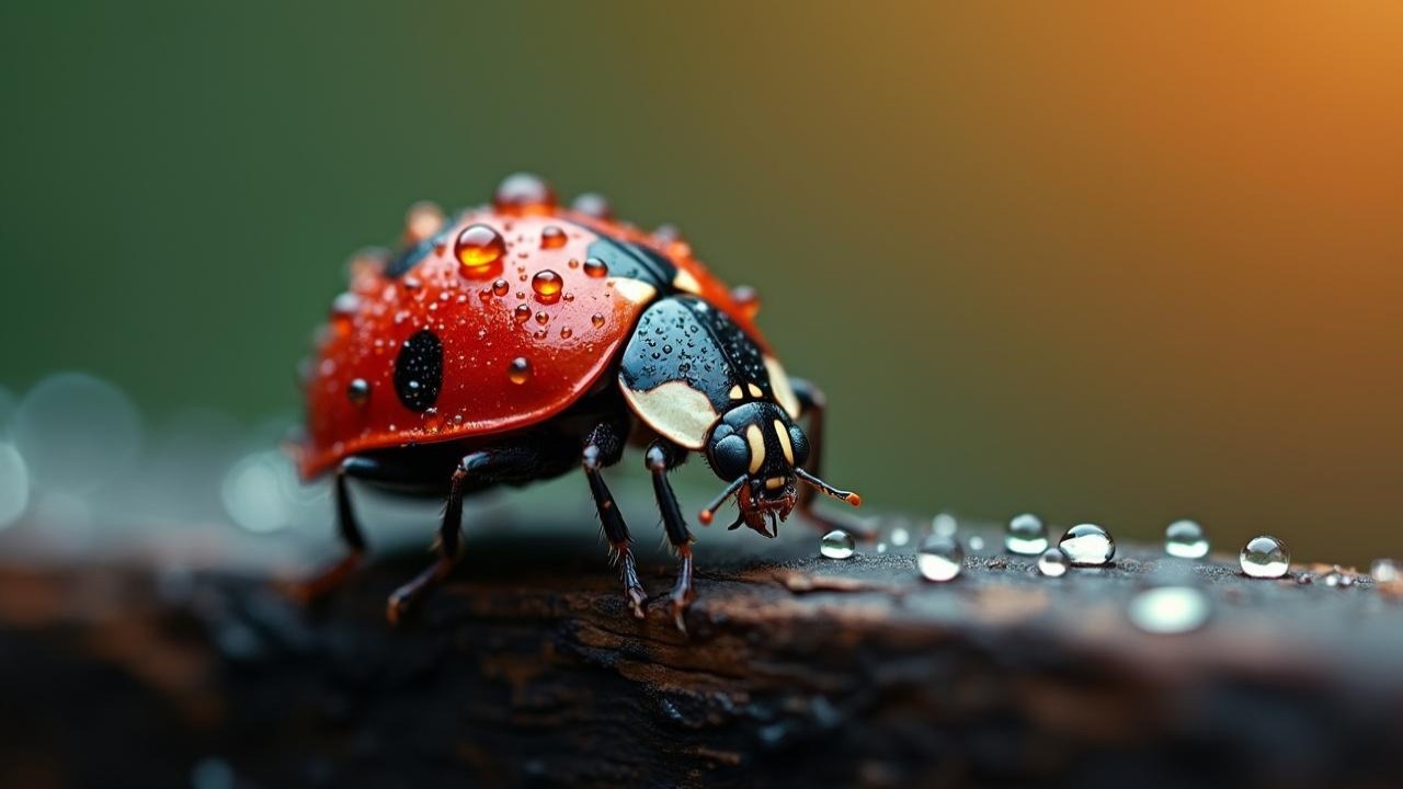 Ladybug on Wood with Water Droplets and Warm Background